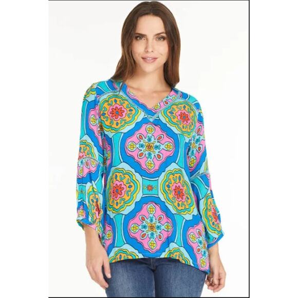 John Mark‎ Pink Blue Geometric Floral V-neck Blouse M Colorful Retro Boho Artsy - Picture 2 of 10
